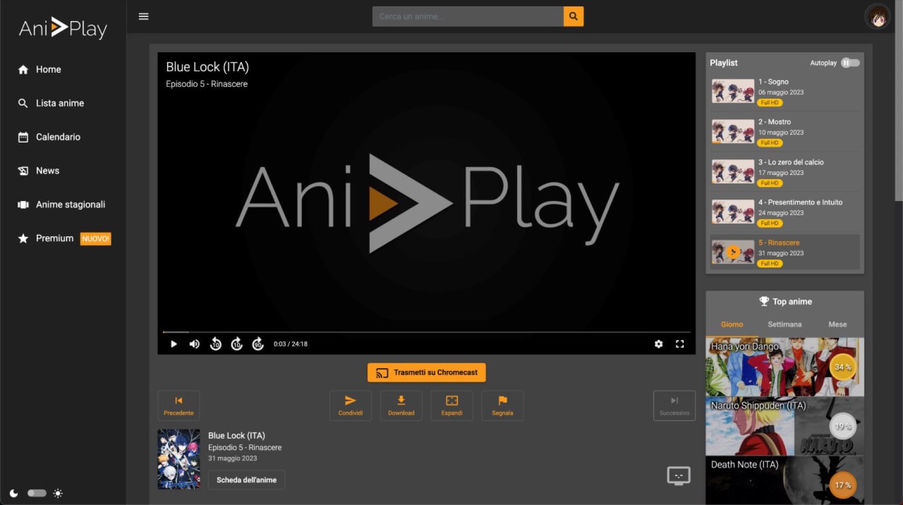 Interfaccia AniPlay con player video, sidebar di navigazione, playlist episodi e classifica top anime