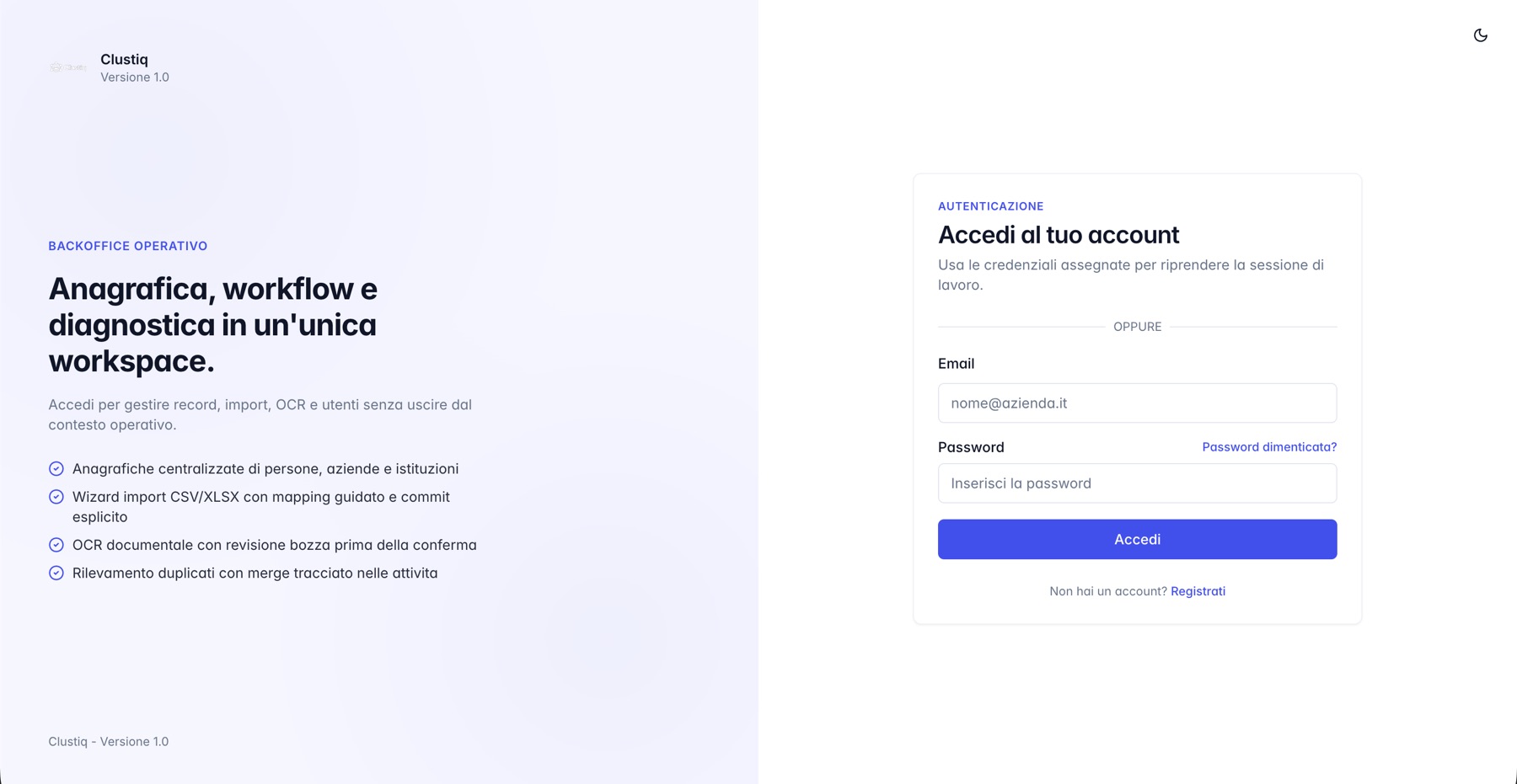 Schermata di login di Clustiq con presentazione del backoffice operativo per anagrafiche, workflow e diagnostica