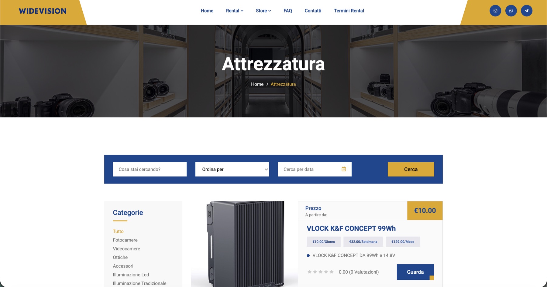 Hero della piattaforma WideVision con form di ricerca attrezzatura su sfondo di studio fotografico